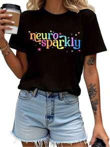 VintageWomen Retro Neurodiversity  Spectrum ADHD Awareness T-Shirt Heavyweight 0XL-5XL Colorful Neuro Sparkly Lettering Rainbow StarsHearts Design Casual Round Neck Short Sleeve Top For Summer OutdoorGraphic Tee - Negro - Ver 1
