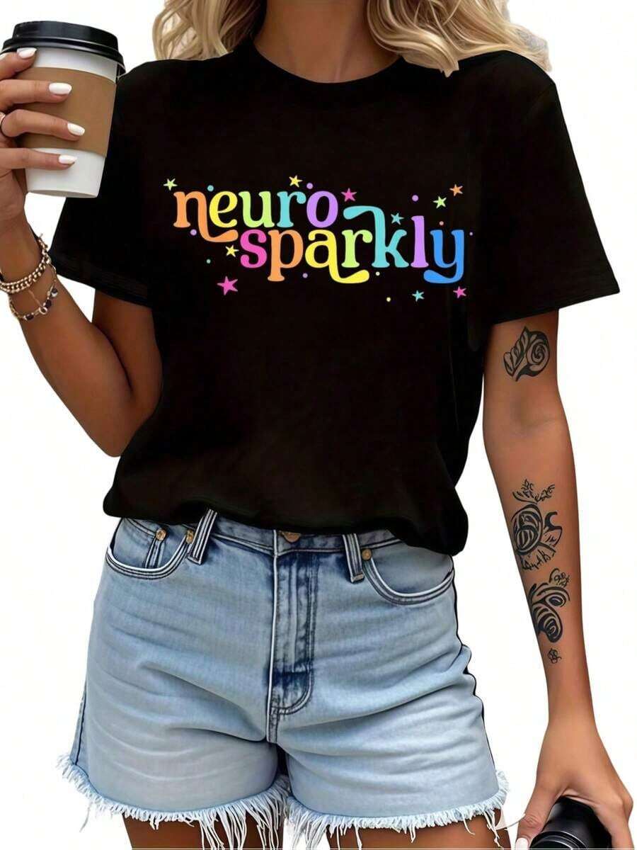 VintageWomen Retro Neurodiversity Spectrum ADHD Awareness T-Shirt Heavyweight 0XL-5XL Colorful Neuro Sparkly Lettering Rainbow StarsHearts Design Casual Round Neck Short Sleeve Top For Summer OutdoorGraphic Tee - Negro - Ver 1