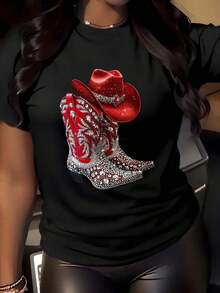 Minimalist. 1 Pack. 100% Cotton. 1 Piece. Women's Black Rhinestone Cowboy Boot Print T-Shirt, Crew Neck, Casual Cotton Tee, Medium-Stretch Knit Fabric, Regular Fit For Women And Girls, Ideal For Spring/Summer/Autumn, Independence Day, Labor Day, Thanksgiving. Summer Crew Neck. - Black - View 7