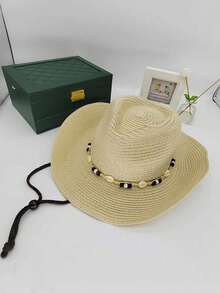 Panama Straw Hat, Shell Chain Cowboy Straw Hat, Straw Woven Sun Hat, Beach Resort Straw Hat, Lightweight Breathable UV Protection, Suitable For Travel, Daily Wear, Holiday Gift - Panama Straw Cowboy Hat - View 10