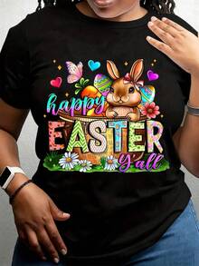 ¡Feliz Pascua a todos! Cestas de conejitos, huevos, flores, camisetas de primavera para las fiestas, camisetas casuales de Pascua para mujer, perfectas como regalos para la celebración de Pascua. Ropa Fresca de Verano para Mujer - Negro - Ver 6
