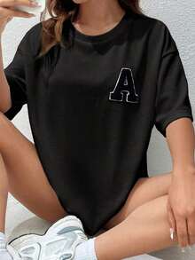 Drop-Sleeve T-Shirt With Summer Letter Patch - Pure-Cotton - Black - View 1