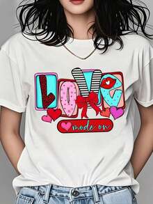 Camiseta con Estampado de Corazones Adorables para Mujer, Regalo para el Día de San Valentín, Ropa Casual, Top de Moda, Camiseta de Mujer - Blanco - Ver 7