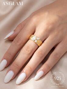 1pc Elegant & Fashionable Gold-Tone & White Cubic Zirconia 925 Sterling Silver Ring, Suitable For Anniversary/Birthday Gift - Gold - View 3