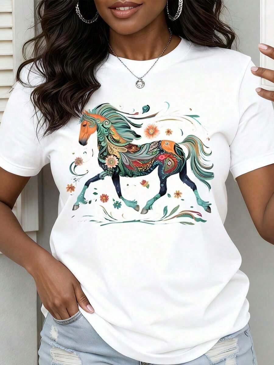 Camiseta VintageSpring Festival para Mujer, Cuello Redondo, Estampado Floral de Caballos Coloridos, Atuendo Casual para Uso Diario y Viajes, Camiseta Gráfica - Blanco - Ver 1