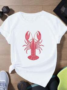 flash oferta,blusas para dama casuales,poleras mujer,playeras de mujer>algodon,blusas>elegante,Camiseta de manga corta para mujer con estampado de langosta - Top náutico con diseño de pinza y cola de langosta, cuello redondo, ropa de playa informal, lavable a máquina - Conjunto con temática de langosta - Blanco - Ver 1