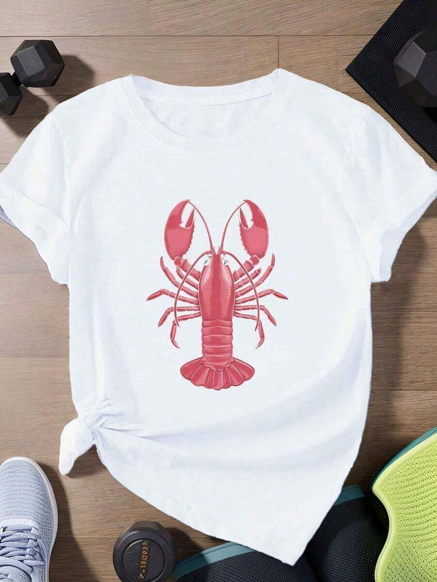 flash oferta,blusas para dama casuales,poleras mujer,playeras de mujer>algodon,blusas>elegante,Camiseta de manga corta para mujer con estampado de langosta - Top náutico con diseño de pinza y cola de langosta, cuello redondo, ropa de playa informal, lavable a máquina - Conjunto con temática de langosta - Blanco - Ver 1
