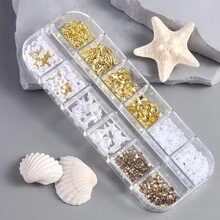 12格3D海洋主題美甲裝飾配件－金色貝殼、海星、珍珠、白色美人魚尾巴、椰子樹、花瓣、混色寶石，可愛Y2K風格夏季美甲飾品，美甲沙龍用品與DIY美甲飾件 - 彩色 - 查看 11