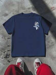 UNC Tar Heels Casual T-Shirt With Double Print, 100% Cotton, Blue And White Mascot Design, Short Sleeve T-Shirt - 藍色 - 查看 2