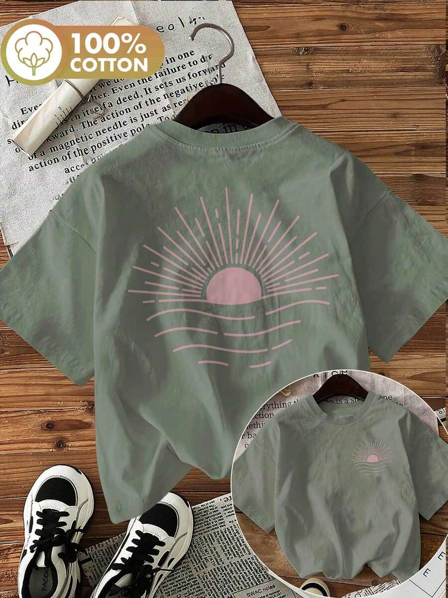 Limited Edition Graphic Print T-Shirt, Short Sleeves, Round Neck, Casual Top For Summer And Spring, Women's Clothing, Lightweight Cotton. - 綠色 - 查看 1