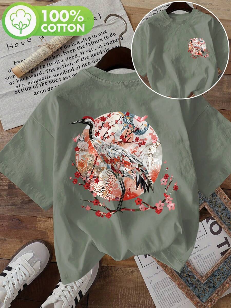 Limited Edition[Double-Sided Print] Summer Casual Women'S Top, Japanese Style Crane And Cherry Blossom Printed Round Neck Short Sleeve-Shirt [ 1]Lightweight Cotton - 綠色 - 查看 1