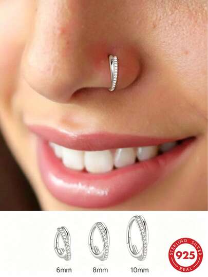 1 chiếc khuyên mũi bạc Sterling 925 đính đá Cubic Zirconia cổ điển nhiều kích cỡ (6/8/10mm), khuyên vách ngăn mũi bạc nguyên chất không gây dị ứng, khuyên clicker liền mạch, khuyên tai vòng nhỏ, khuyên Daith phù hợp cho nữ dùng hàng ngày, hẹn hò, du lịch, đám cưới, tiệc tùng, quà tặng lễ tết