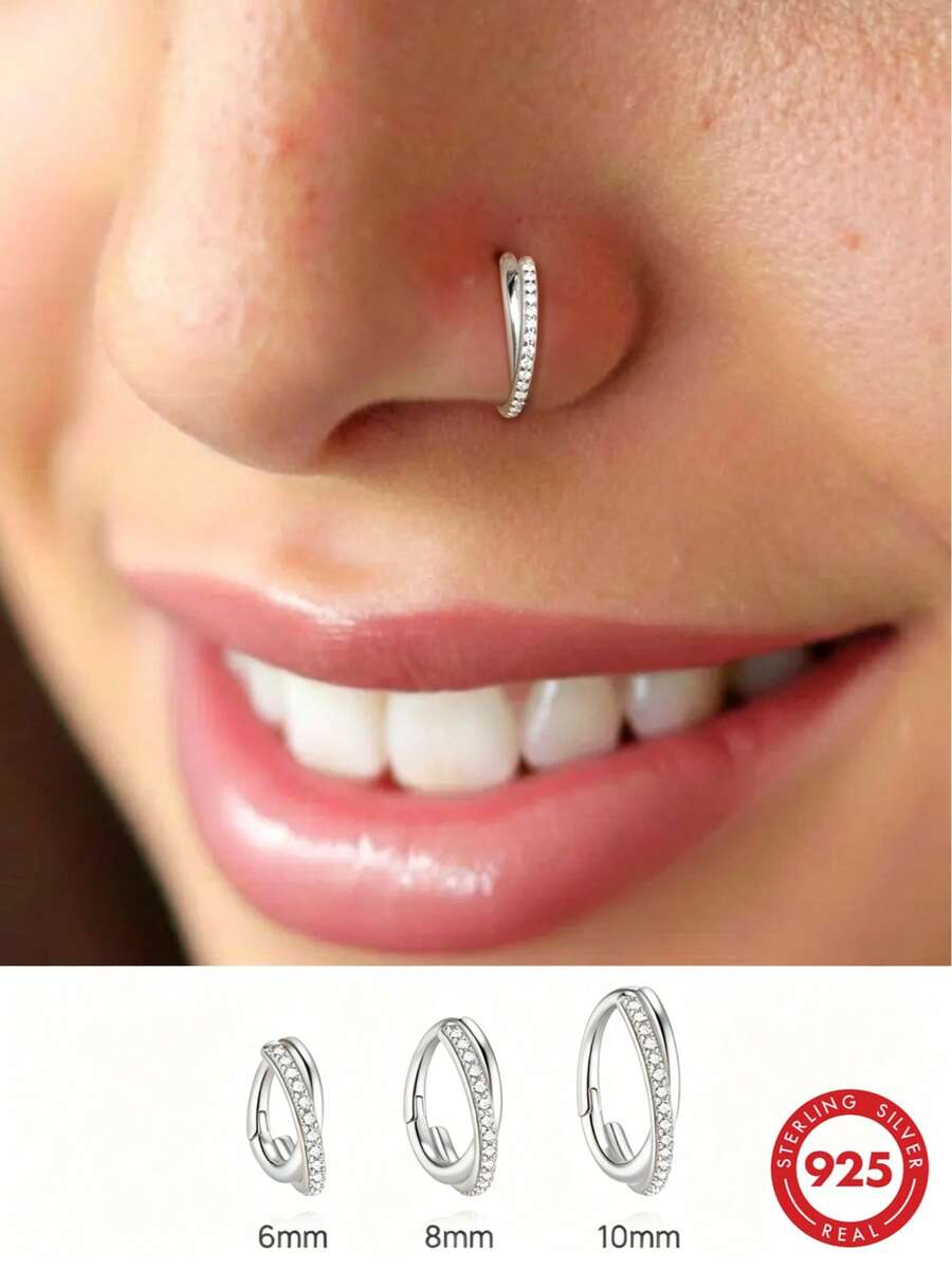 1 pièce Anneau de nez classique en argent sterling 925 avec zircone cubique carrée multi-tailles (6mm/8mm/10mm) Anneau de nez segmenté en argent pur hypoallergénique Anneau sans soudure Anneau rond petit Boucle d'oreille Convient pour le port quotidien des femmes, les rendez-vous, les vacances, les mariages, les fêtes, les cadeaux de vacances - Argent - Voir 1
