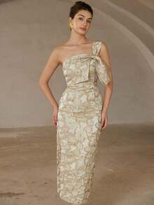 Nuevo vestido de cóctel largo, elegante y de lujo con estilo vintage para dama. Vestido ajustado y entallado sin mangas, con decoración de lazo en el hombro asimétrico oblicuo, de tela jacquard. - Multicolor - Ver 4