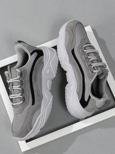 Men's Chunky Sneakers, Suitable For Men, Contrast Color Lace-Up Athletic Shoes, Thick Sole Increase Height, Non-Slip Outdoor Round Toe Sports Shoes, Versatile Student Sneakers