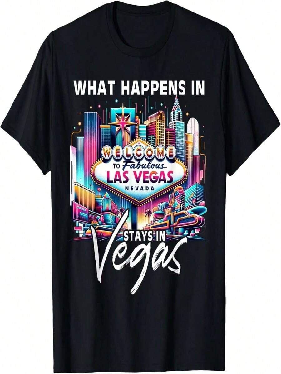 Camiseta conmemorativa de bebé recién nacido en Las Vegas, 100% algodón, cuello redondo, estilo retro. - Negro - Ver 1
