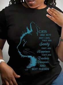 Camiseta Gráfica para Amantes de Gatos para Mujer - Camiseta Negra de Cuello Redondo y Manga Corta con Frase "Los Gatos No Son Solo Mascotas" y Diseño de Silueta de Gato, Camiseta Casual de - Negro - Ver 1