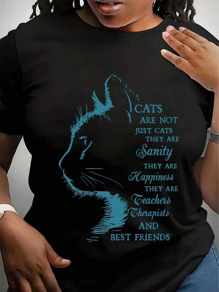 Camiseta Gráfica para Amantes de Gatos para Mujer - Camiseta Negra de Cuello Redondo y Manga Corta con Frase "Los Gatos No Son Solo Mascotas" y Diseño de Silueta de Gato, Camiseta Casual de - Negro - Ver 1