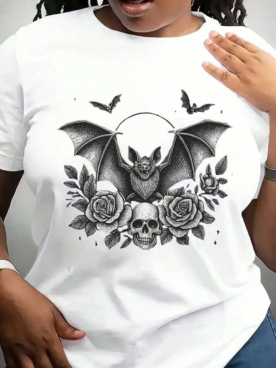Camiseta Gótica de Calaveras y Rosas, Camiseta con Diseño de Alas de Murciélago Espeluznante, Camiseta Gótica de Calaveras de Murciélago, Ropa Ocularciana Oscura para Halloween, Top Espeluznante con Alas - Blanco - Ver 1