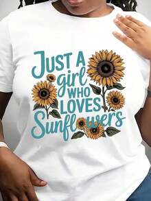 "Only A Girl Who Loves Sunflowers" T-Shirt, Sunflower T-Shirt, Floral T-Shirt, Short Sleeve Round Neck Summer Casual Wear, Women's T-Shirt - 白色 - 查看 6