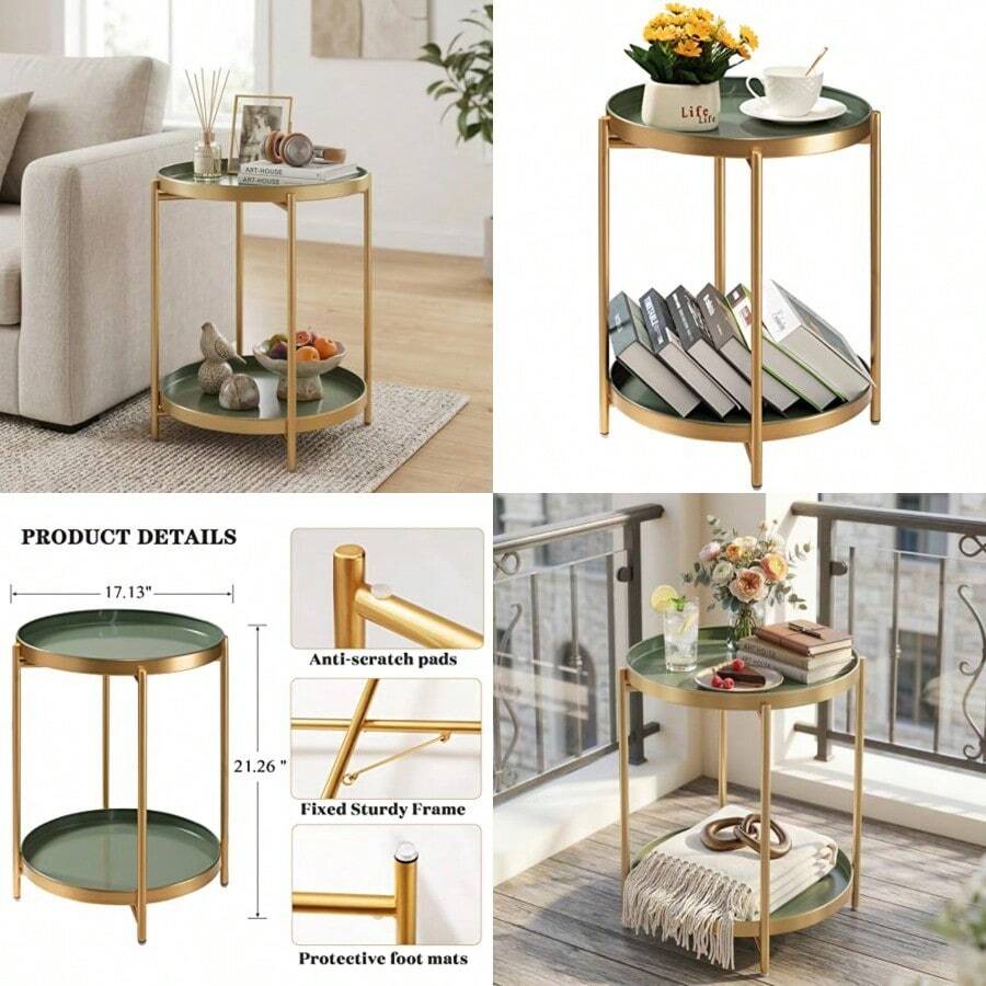 TeoKJ Mesa auxiliar dorada de 2 niveles mesa auxiliar redonda plegable de metal mesita de noche pequeña con dos bandejas extraíbles para recámara sala de estar mesita de noche espacios pequeños - Oro verde oscuro - Ver 1