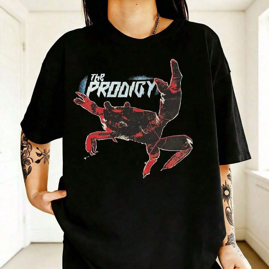 NUEVA 2026 Camiseta Unisex Reimpresa de la Gira de 2022 de The Prodigy Band en Color Carbón| Tallas S-5XL, Estilo Casual, Cuello Redondo, Tela Ligeramente Elástica, Corte Regular, Estampado, Perfecto Para Todas Las Temporadas, 100% Algodón, 1 Pieza, 180g - Negro - Ver 1