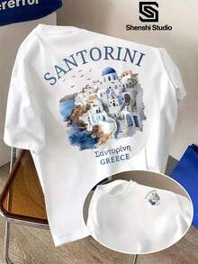 Men's Casual T-Shirt Made Of Polyester Fiber, This T-Shirt Comes With A Built-In "Travel Filter"! Featuring An Architectural Print In Santorini Blue And White, It's Refreshing And Relaxing, Suitable For Everyday And Weekend Wear, Offering A Modern Style For Men In Summer. 100% Cotton. - 白色的 - 查看 7