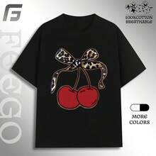 Camiseta de Mujer Huggy Wuggy con Estampado de Cerezas y Lazos, Cuello Redondo Casual, Estilo Vintage, para Verano, Ropa Urbana de Algodón - Negro - Ver 2