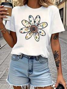 Women's 100% Cotton T-Shirt, Simple Casual Top, T-Shirt With Daisy Floral Print, Suitable For Casual Daily Activities And Holidays. - 白色 - 查看 4