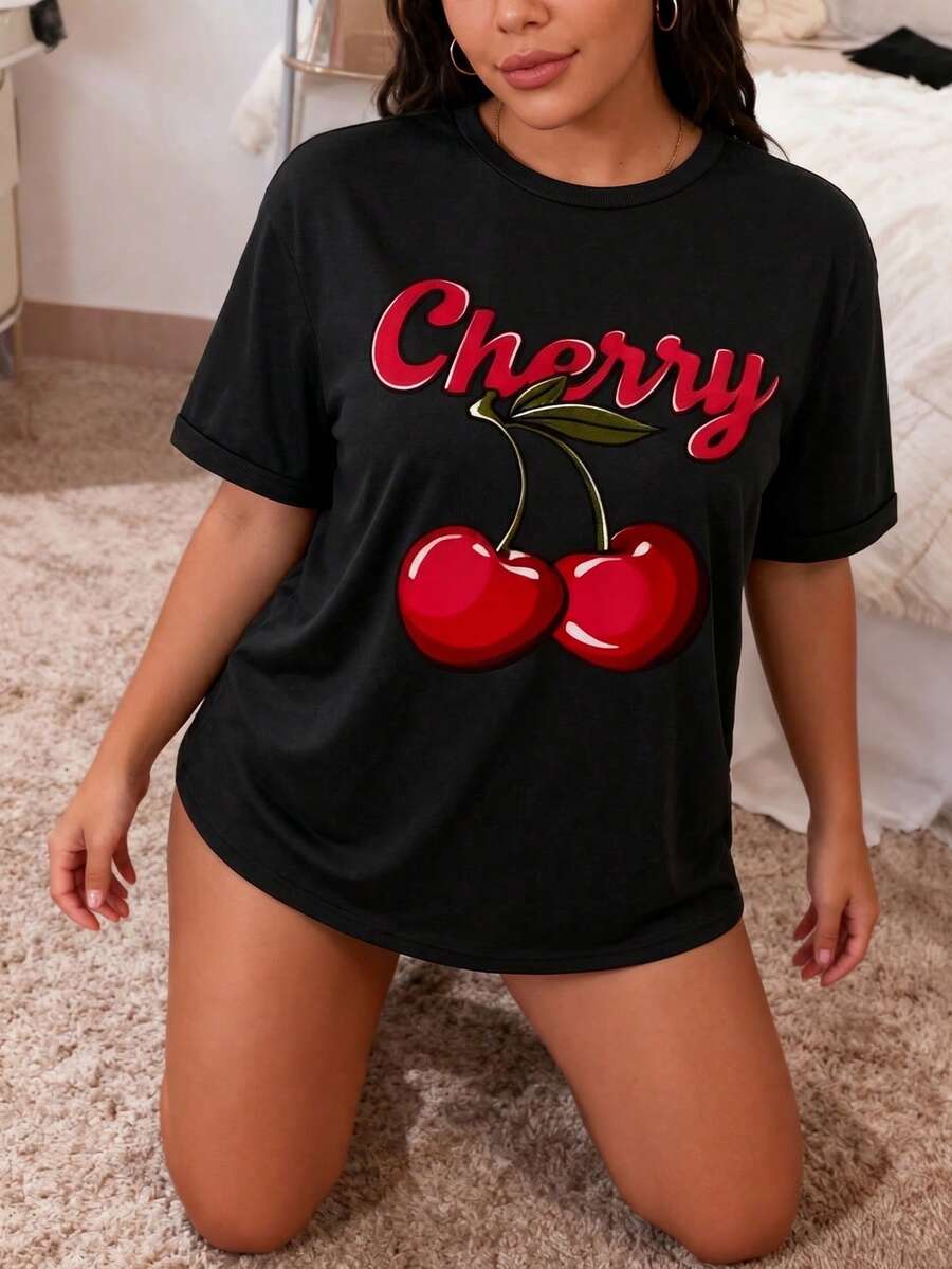 Women's Printed Short-Sleeved Summer T-Shirt, Women's Tops, Polyester Fabric, Multifunctional Style, Regular Fit, 1 Unit. - 黑色 - 查看 1