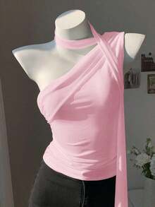 Blusa elegante de un hombro con pliegues negra de verano para mujer - Rosa Pálido - Ver 3