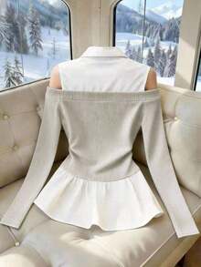 Blusa minimalista francesa de 2 en 1 con hombros descubiertos y mangas abullonadas, en contraste de color clásico negro y blanco para mujeres - Gris - Ver 2