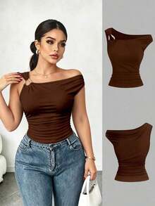 Camiseta ajustada con cuello asimétrico talla grande, top casual versátil, primavera/verano - Marrón - Ver 5