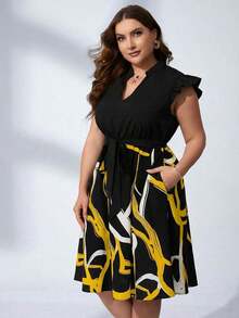 Vestido con estampado gráfico, cuello con muesca, volantes, cinturón, lunares, vestidos para mujer, vestidos casuales de primavera, vestidos de picnic, vestidos de verano, vestidos de primavera, vestidos de festival, vestidos de Pascua, vestid - Amarillo - Ver 5