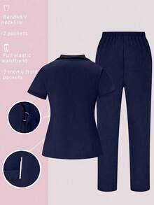 Conjunto de uniformes médicos: Parte superior de cuello en V de manga corta y pantalones para trabajadores de la salud - Azul marino - Ver 2