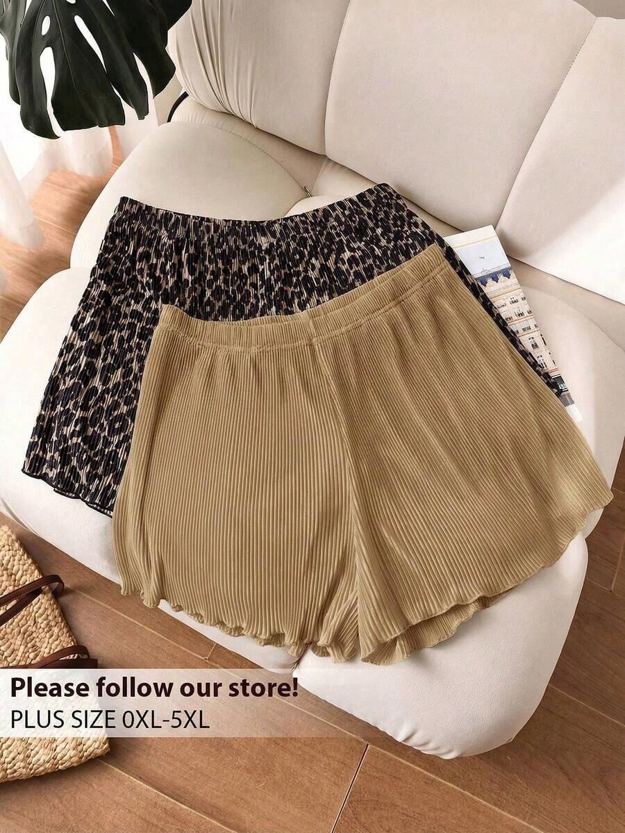 Shorts plisados de talla grande de verano con estampado de leopardo y unicolor - Amarillo - Ver 1