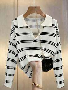 Camiseta holgada de murciélago a rayas de estilo casual para mujer, otoño - Multicolor - Ver 1