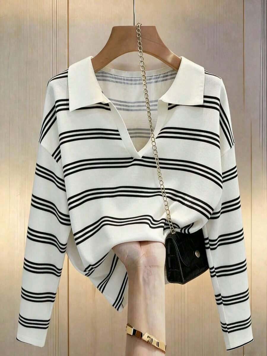 Camiseta holgada de murciélago a rayas de estilo casual para mujer, otoño - Multicolor - Ver 1