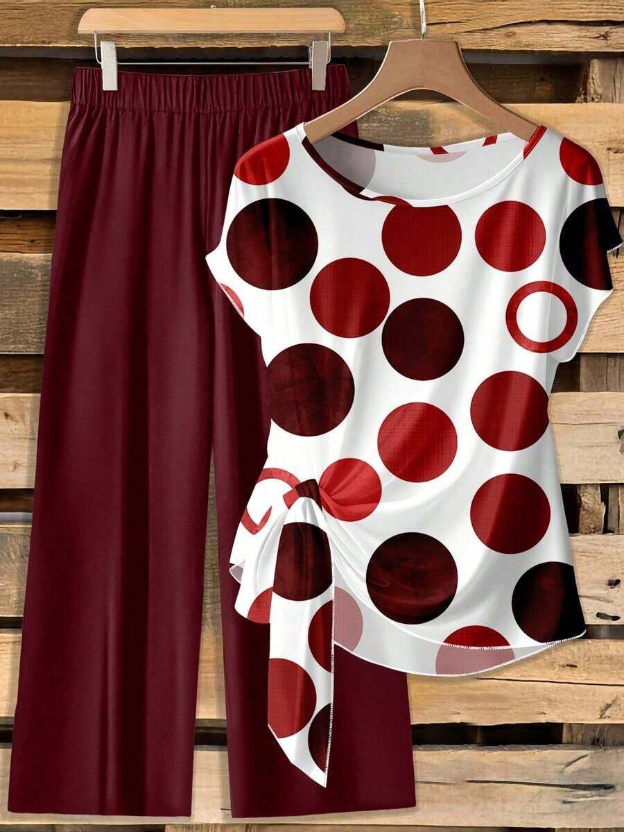 Conjunto de 2 piezas con blusa de lunares rojos con nudo delantero en estilo minimalista casual y pantalones rectos holgados de color verde, adecuado para vacaciones de primavera/verano - Multicolor 4 - Ver 1
