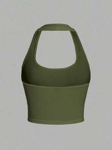 Camiseta de tirantes de ajuste ceñido con cuello halter, color liso y corta, de estilo minimalista y casual para mujer, de verano - Verde militar - Ver 2