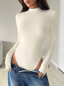Body de mujer con cuello alto y manga larga, de uso casual - Albaricoque - Ver 4