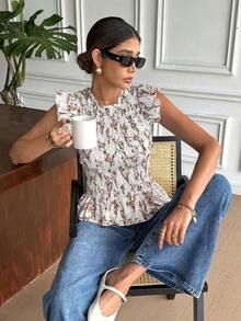 Blusa de manga corta con cuello redondo, volantes y estampado floral para vacaciones de mujer - Marrón - Ver 4