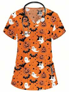 Blusa de mujer con cuello en V blanco, manga corta, con doble bolsillo, con estampado de dibujos animados lindos, estampado de animales de granja, uniforme de enfermera/médico, ropa de trabajo de unicolor para peluquería de mascotas, bata de labo - Naranja - Ver 1