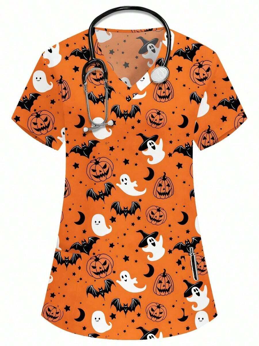 Blusa de mujer con cuello en V blanco, manga corta, con doble bolsillo, con estampado de dibujos animados lindos, estampado de animales de granja, uniforme de enfermera/médico, ropa de trabajo de unicolor para peluquería de mascotas, bata de labo - Naranja - Ver 1
