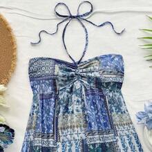 Western Wear Women,Summer Dresses For Women,Vacation Outfits Woman,Bohemian,Rave Outfit Festival,Concert Outfit Women,Easter Dress Women,Women's Vacation Colorful Retro Print Drawstring Front & Back Tie Layered Mini Dress, Music Festival Outfit,Sun Dress - Multicolor - Ver 11