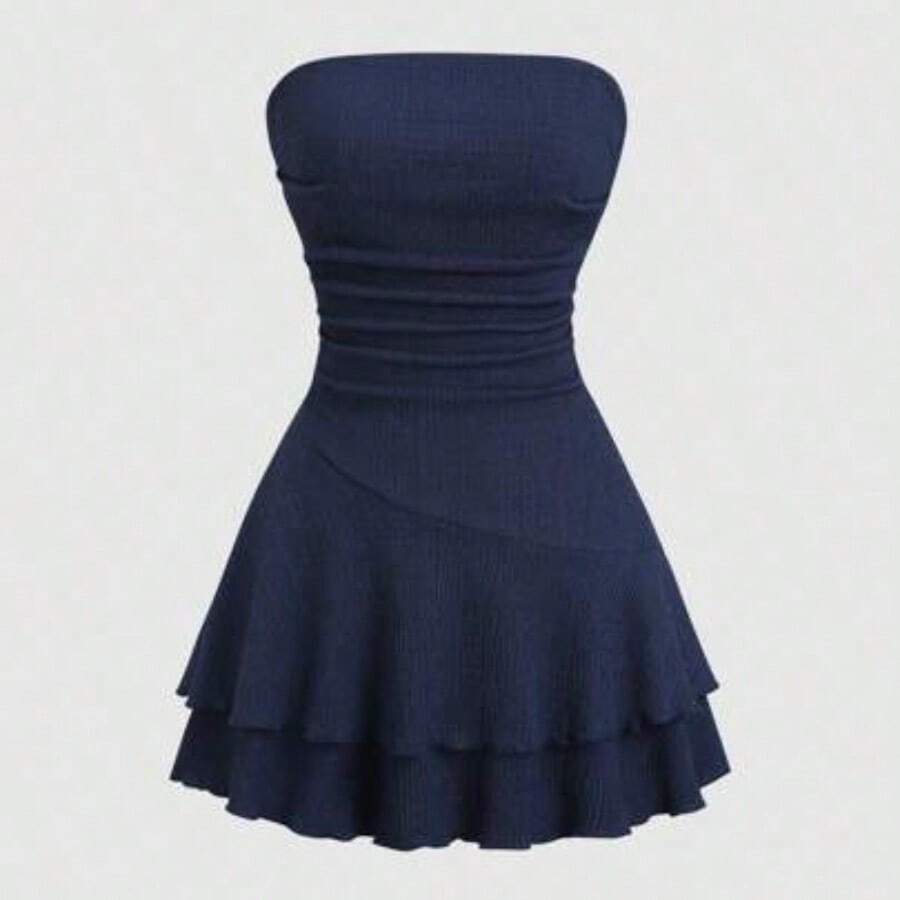 Y2K Sexy Crinkle Material Ruched Bandeau Dress - Azul Marino - Ver 1