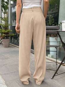 Pantalones de pierna ancha con detalle de plisado de cintura alta, pantalones de vestir para mujer, ropa de vuelta al colegio para otoño - Albaricoque 2 - Ver 3