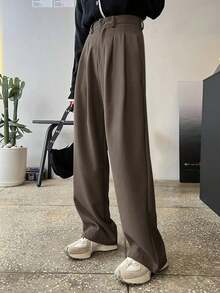 Pantalones de pierna ancha con detalle de plisado de cintura alta, pantalones de vestir para mujer, ropa de vuelta al colegio para otoño - Marrón 2 - Ver 8
