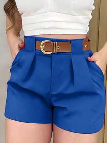 Pantalones cortos casuales sueltos con piernas anchas y plisados de unicolor para mujeres - Azul - Ver 6