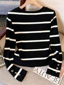 Elegante camiseta de punto de cuello redondo, top de punto minimalista de moda, otoño/invierno - Negro 2 - Ver 2